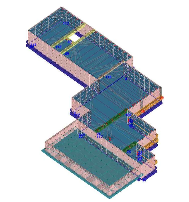 Vista tridimensionale delle strutture di fondazione, estratta dalla tavola di progetto.
