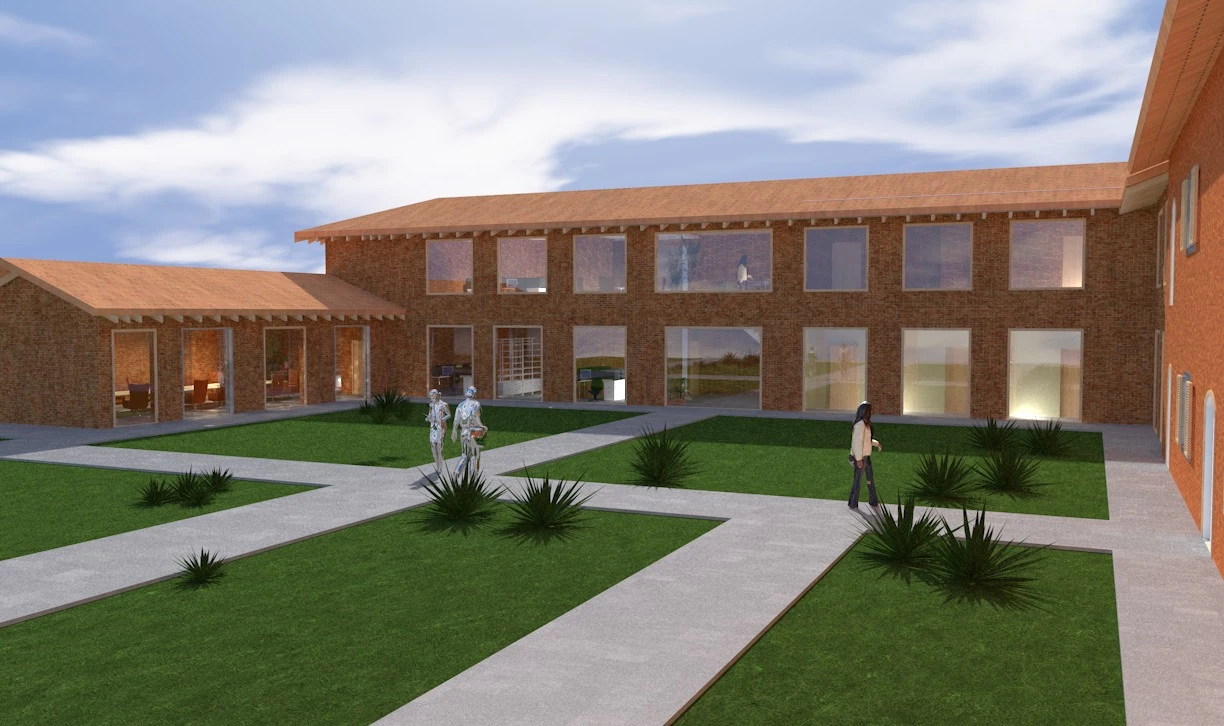 Render di progetto: dettaglio dei prospetti e degli spazi esterni.
