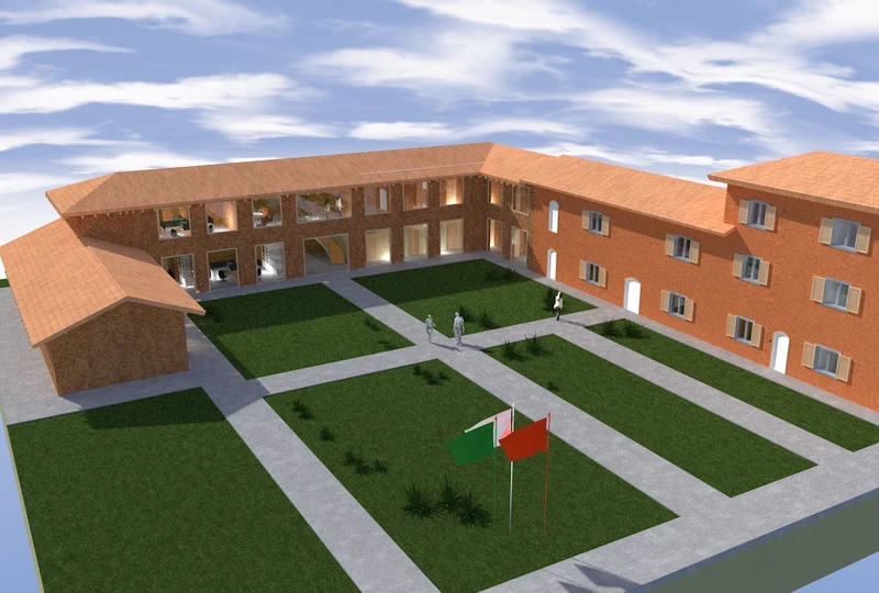 Render di progetto: vista generale della palazzina e della corte interna.