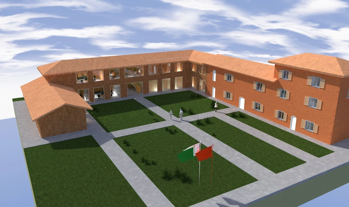 Render di progetto: vista generale della palazzina e della corte interna.